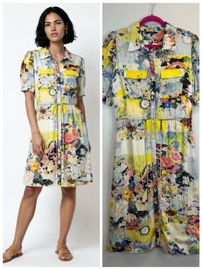 Shaye Floral Patchwork Button Front Dress Size M Modal Satin Quiet Luxury Lined